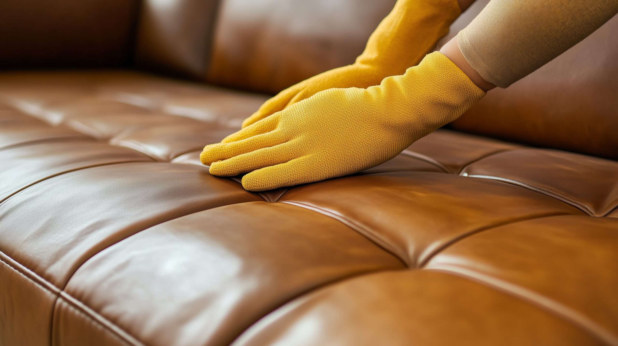 person wearing yellow gloves cleaning leather couch with care bright indoor setting daylight hours scaled BEDMATE FURNITURE Nigeria's #1 Furniture Company - For All Kinds of Quality, Bespoke & Exquisite Furniture